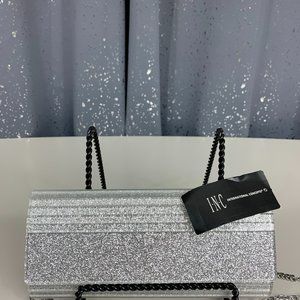 INC International Concepts Marietta Elongated Glitter Clutch Silver